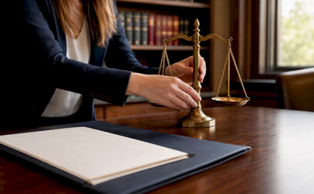 Legal scales and contract folder on desk