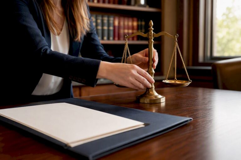 Legal scales and contract folder on desk