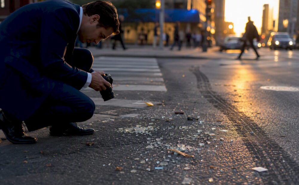 Lawyer photographing accident evidence outdoors