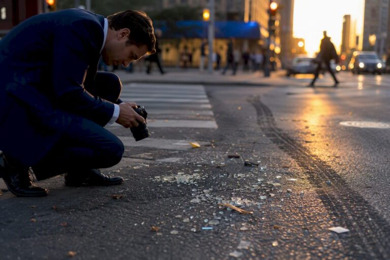 Lawyer photographing accident evidence outdoors