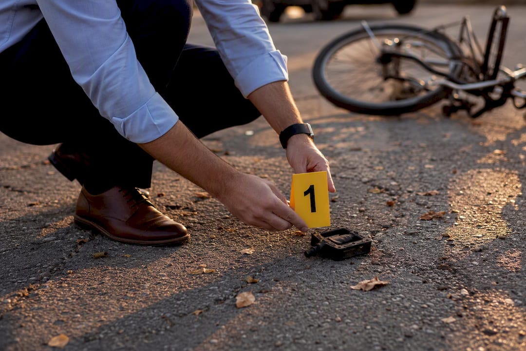Hands placing evidence marker near crash site
