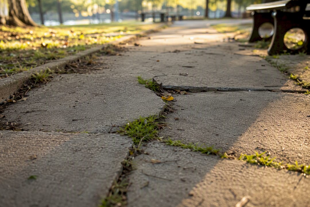 Broken sidewalk hazard close-up in Georgia