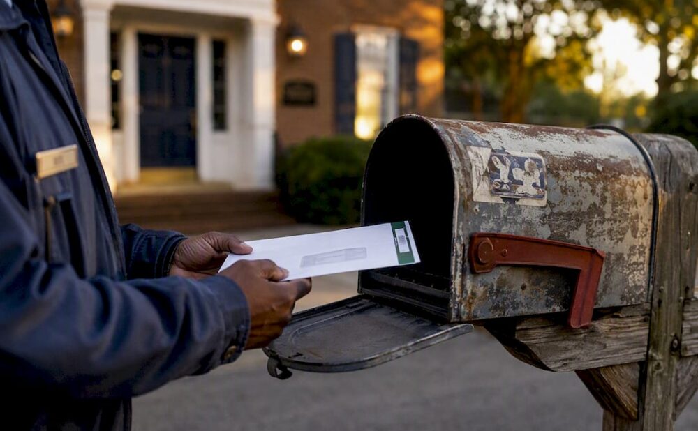 Hands placing certified mail in mailbox