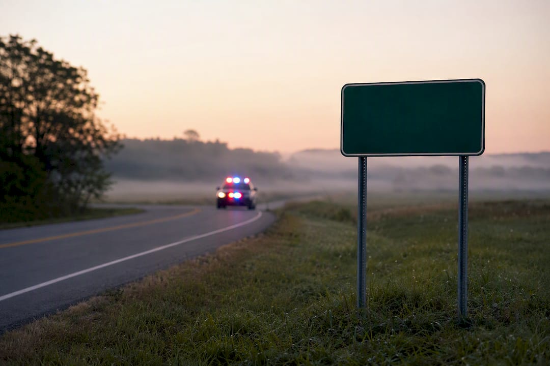 Blurred police vehicle by county road sign