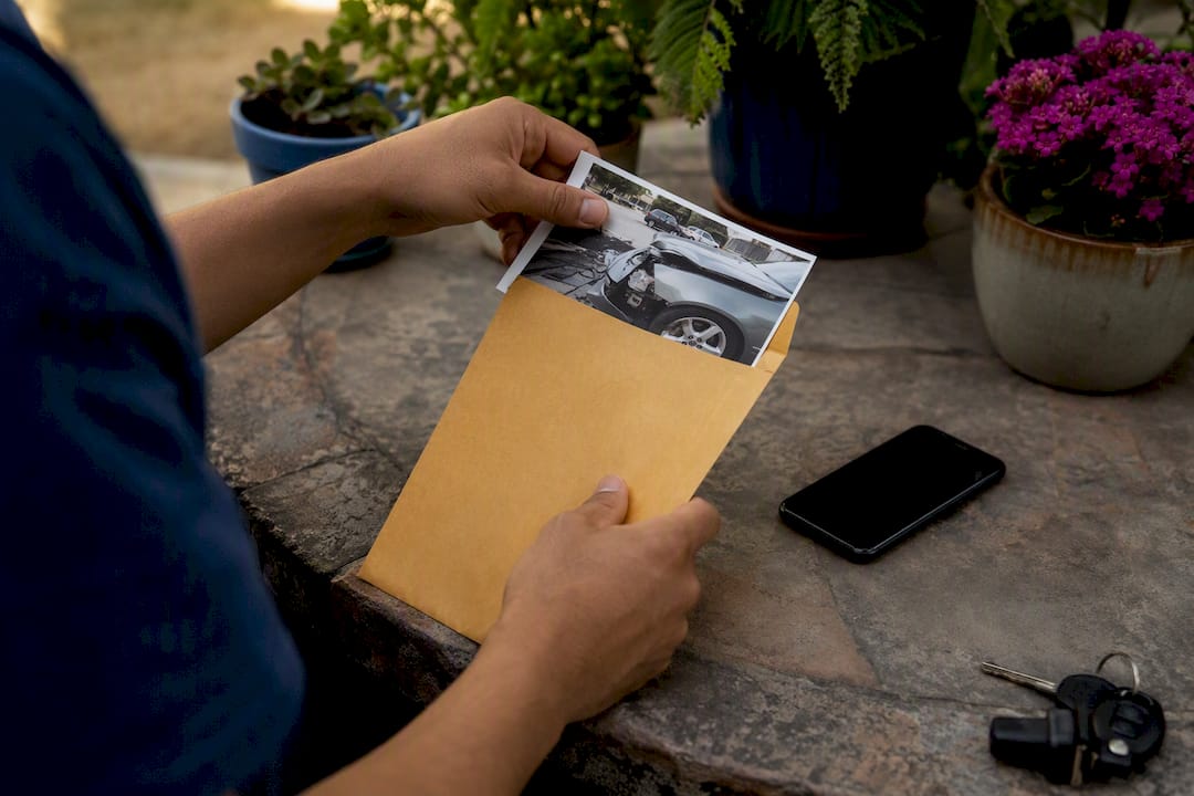 Hands placing accident photo into envelope