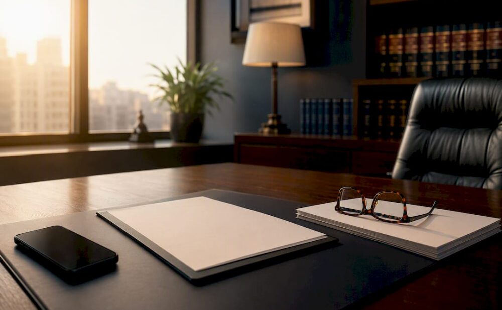 Legal office table with accident-related items
