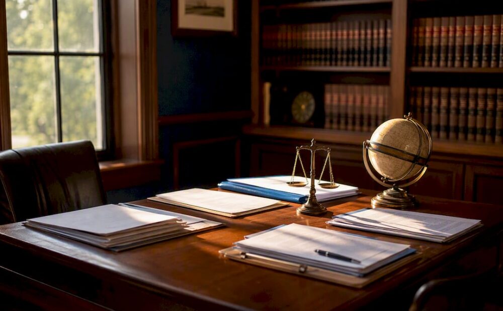 Legal scales and documents on table