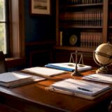 Legal scales and documents on table