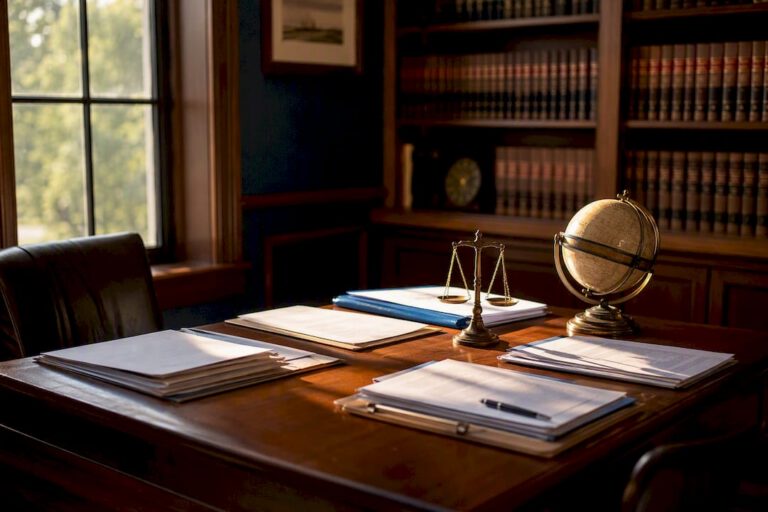 Legal scales and documents on table