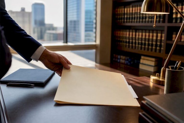 Hand placing legal folder on table