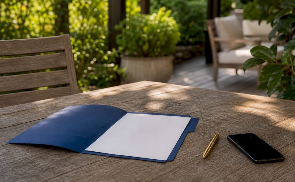 Legal folder and pen on desk