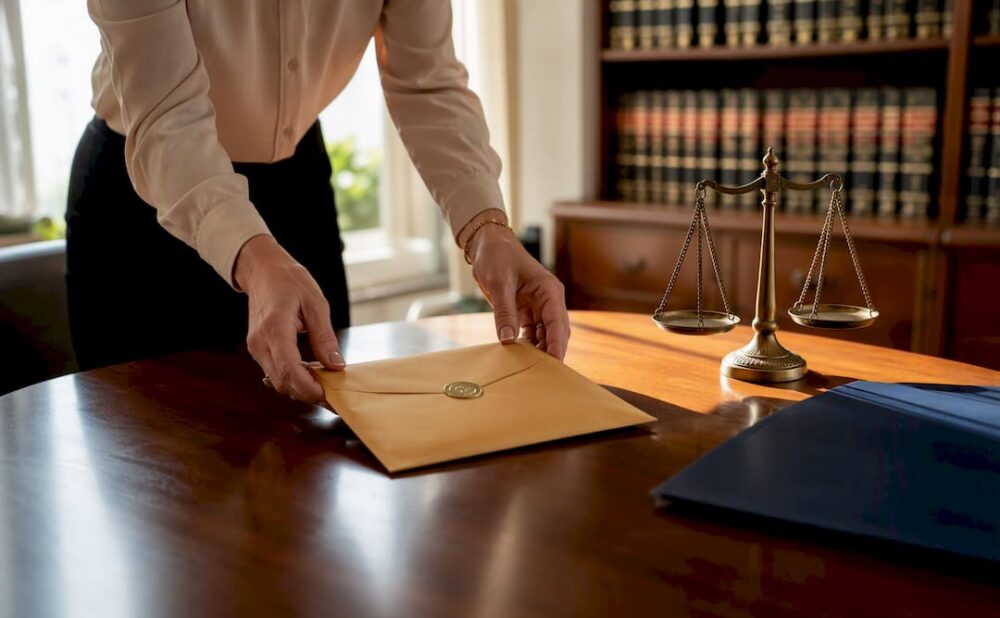 Hands placing certified mail envelope on desk