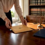 Hands placing certified mail envelope on desk