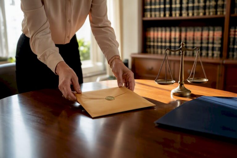 Hands placing certified mail envelope on desk