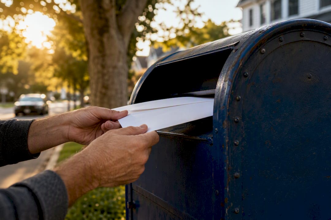 Hands mailing certified letter outdoors