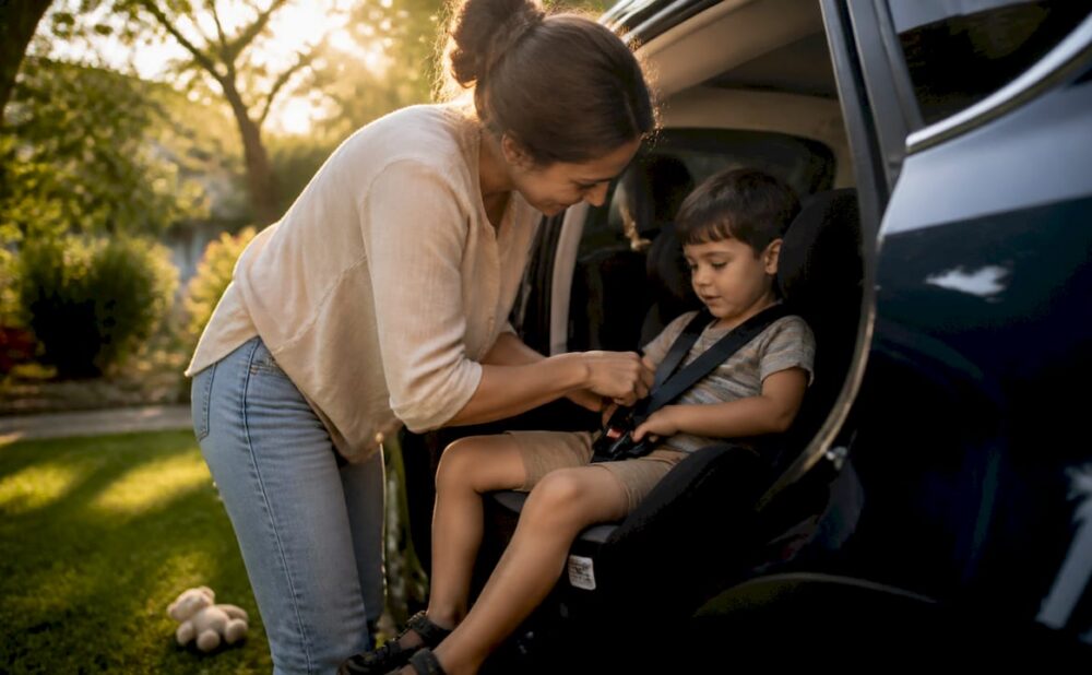 Hands buckling child car seat harness