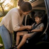 Hands buckling child car seat harness