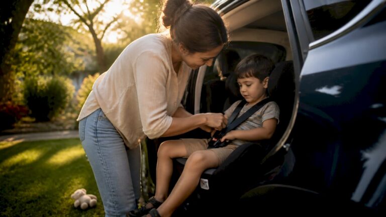 Hands buckling child car seat harness