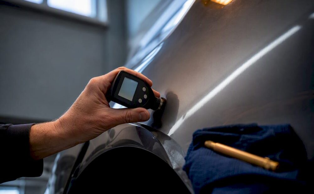 Appraiser examining repaired vehicle body panel