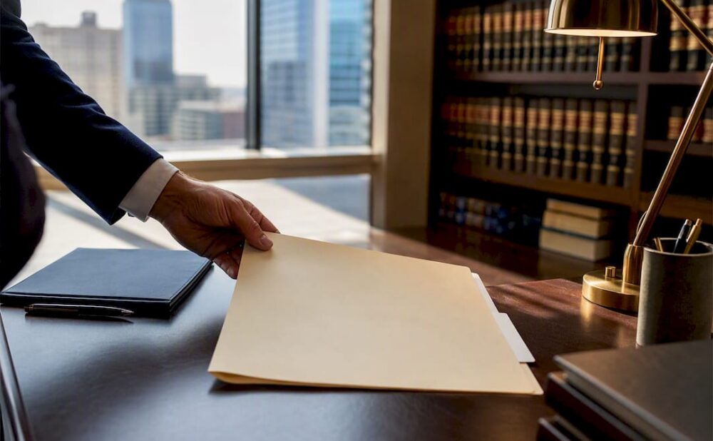Hand placing legal folder on table