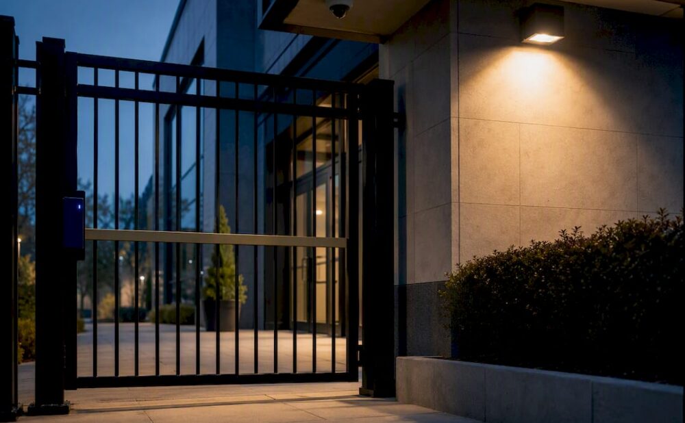 Commercial entrance with gate and security lighting