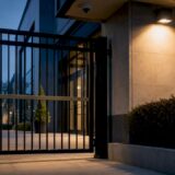 Commercial entrance with gate and security lighting