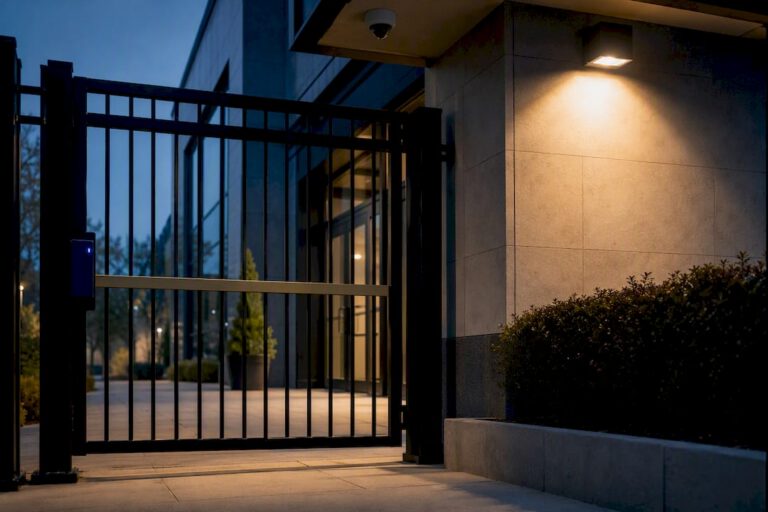 Commercial entrance with gate and security lighting