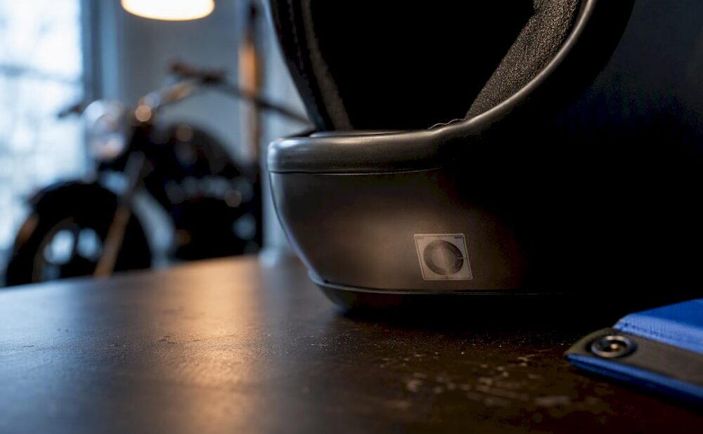 Close-up of motorcycle helmet certification label
