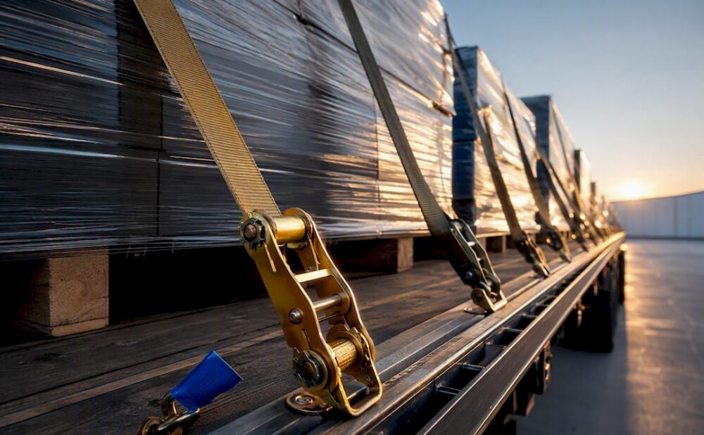Tiedowns securing cargo on a commercial trailer