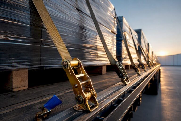 Tiedowns securing cargo on a commercial trailer