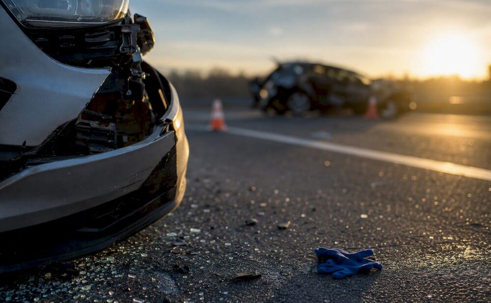 Damaged vehicle after roadside collision