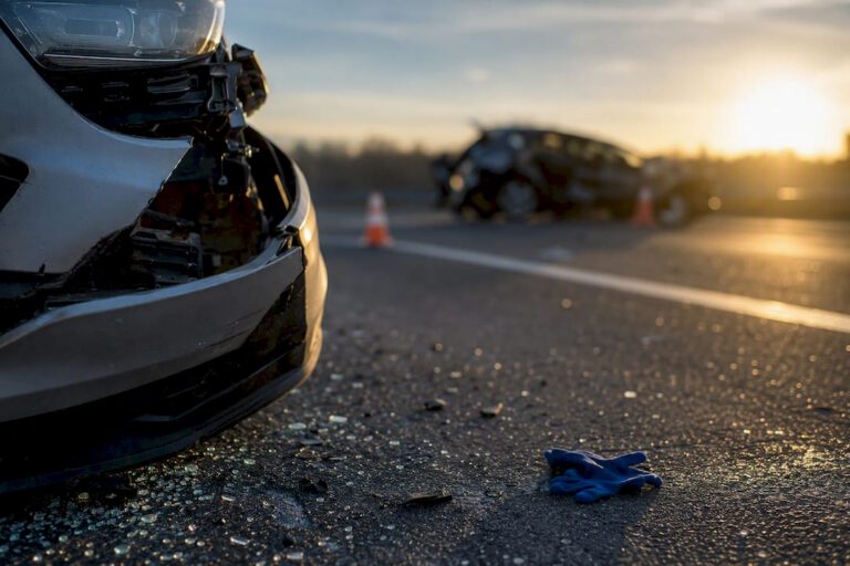 Damaged vehicle after roadside collision