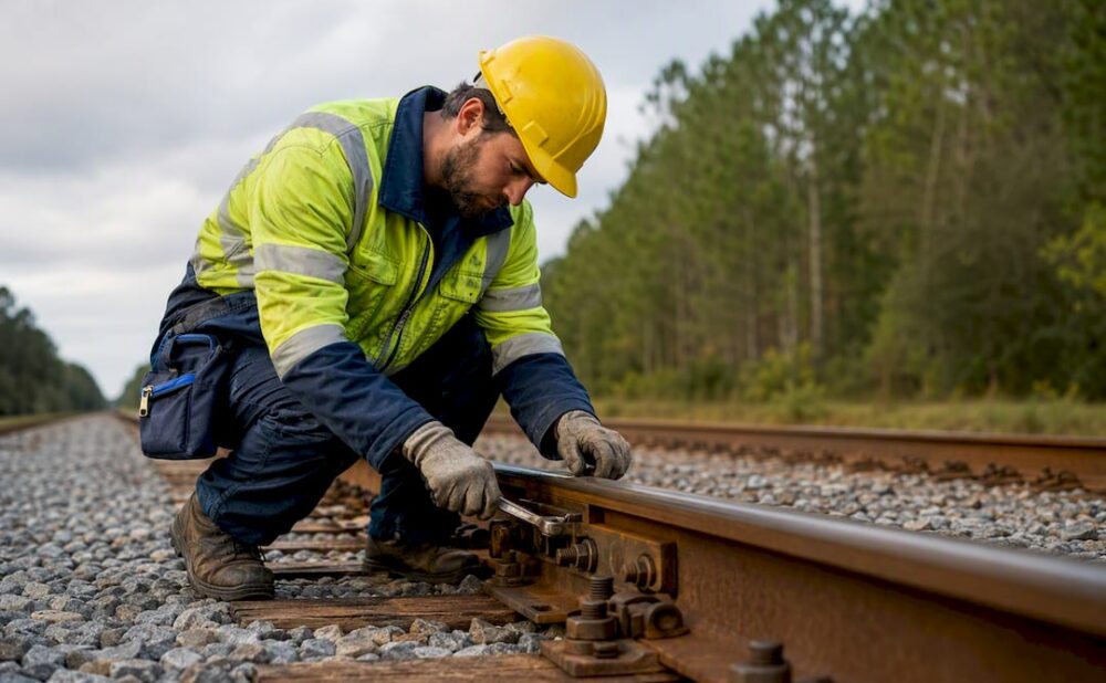 Railroad worker inspecting track beside rails