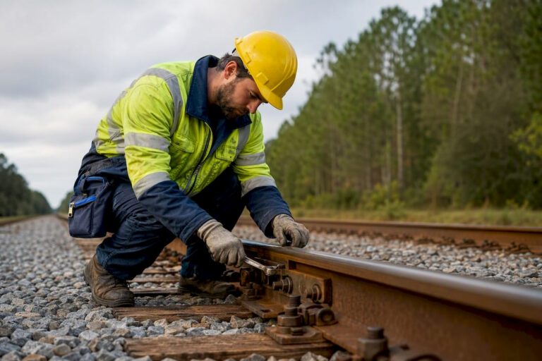 Railroad worker inspecting track beside rails