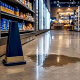 Wet floor hazard in grocery store aisle