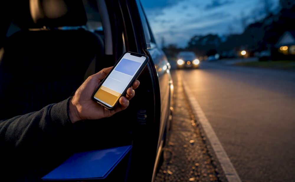 Phone beside anonymous rideshare vehicle roadside