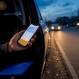 Phone beside anonymous rideshare vehicle roadside