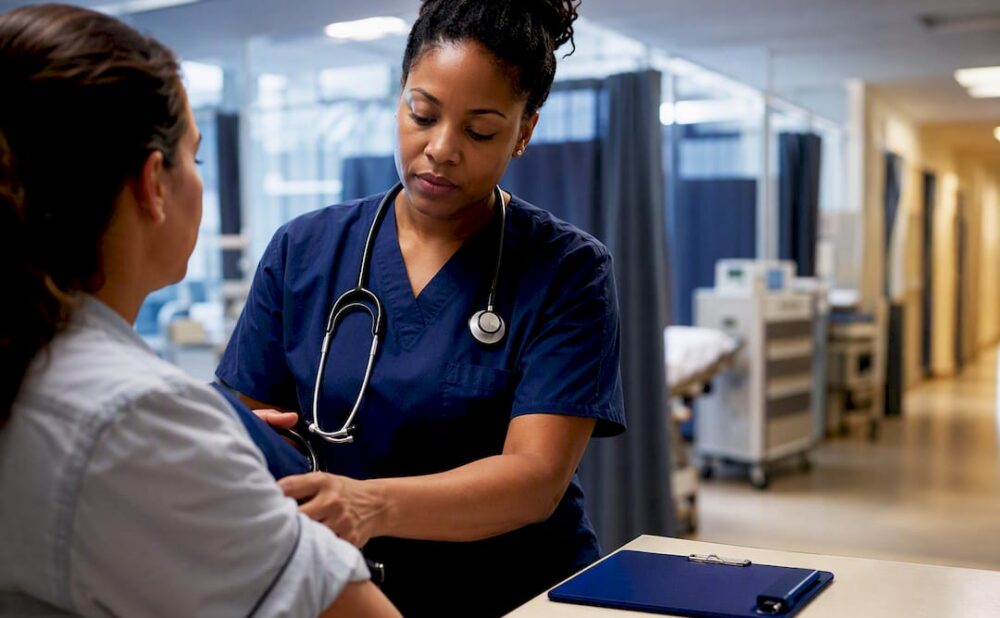 Nurse assessing patient in emergency department