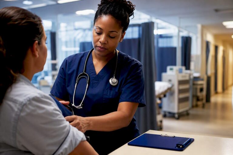 Nurse assessing patient in emergency department