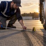 Specialist measuring truck crash tire marks