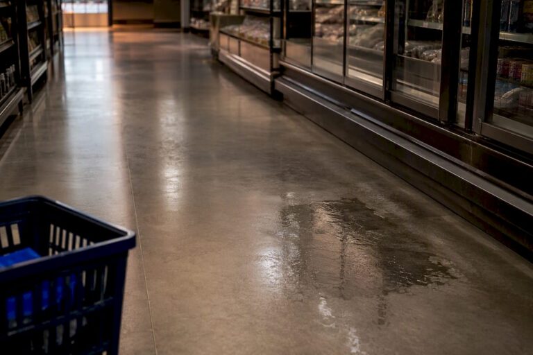 Retail aisle with visible floor hazard