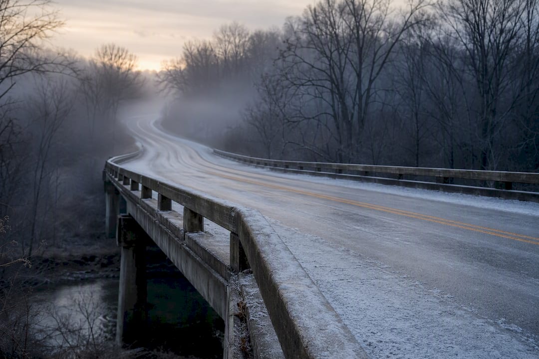 Icy rural bridge in Georgia fog