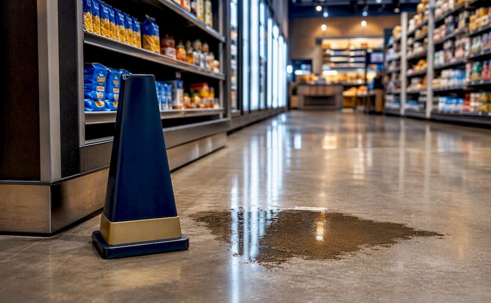 Wet floor hazard in grocery store aisle