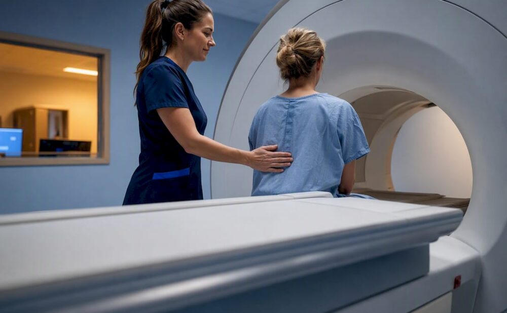 Patient entering MRI scanner for disc imaging