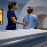 Patient entering MRI scanner for disc imaging