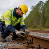 Railroad worker inspecting track beside rails