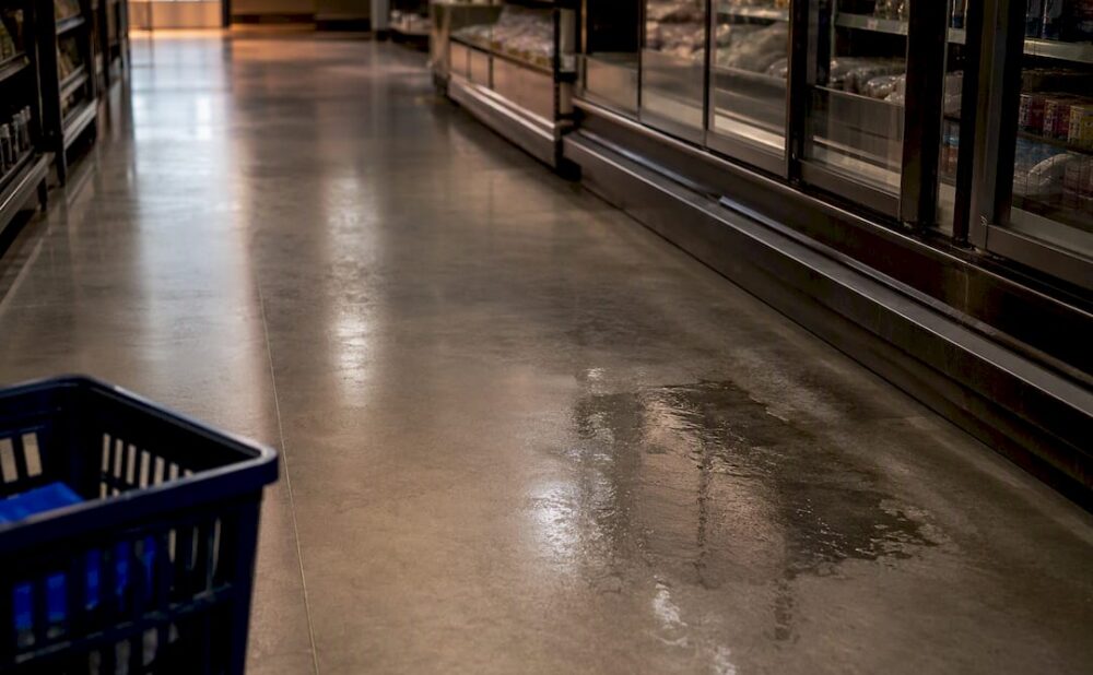Retail aisle with visible floor hazard