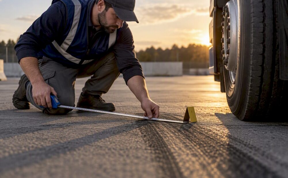 Specialist measuring truck crash tire marks