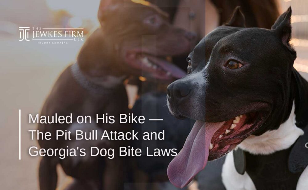 Black pit bull with tongue out in foreground, another dog and a person blurred in background near a Georgia courthouse.