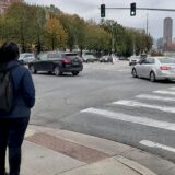 Atlanta intersection with crossing traffic and pedestrians